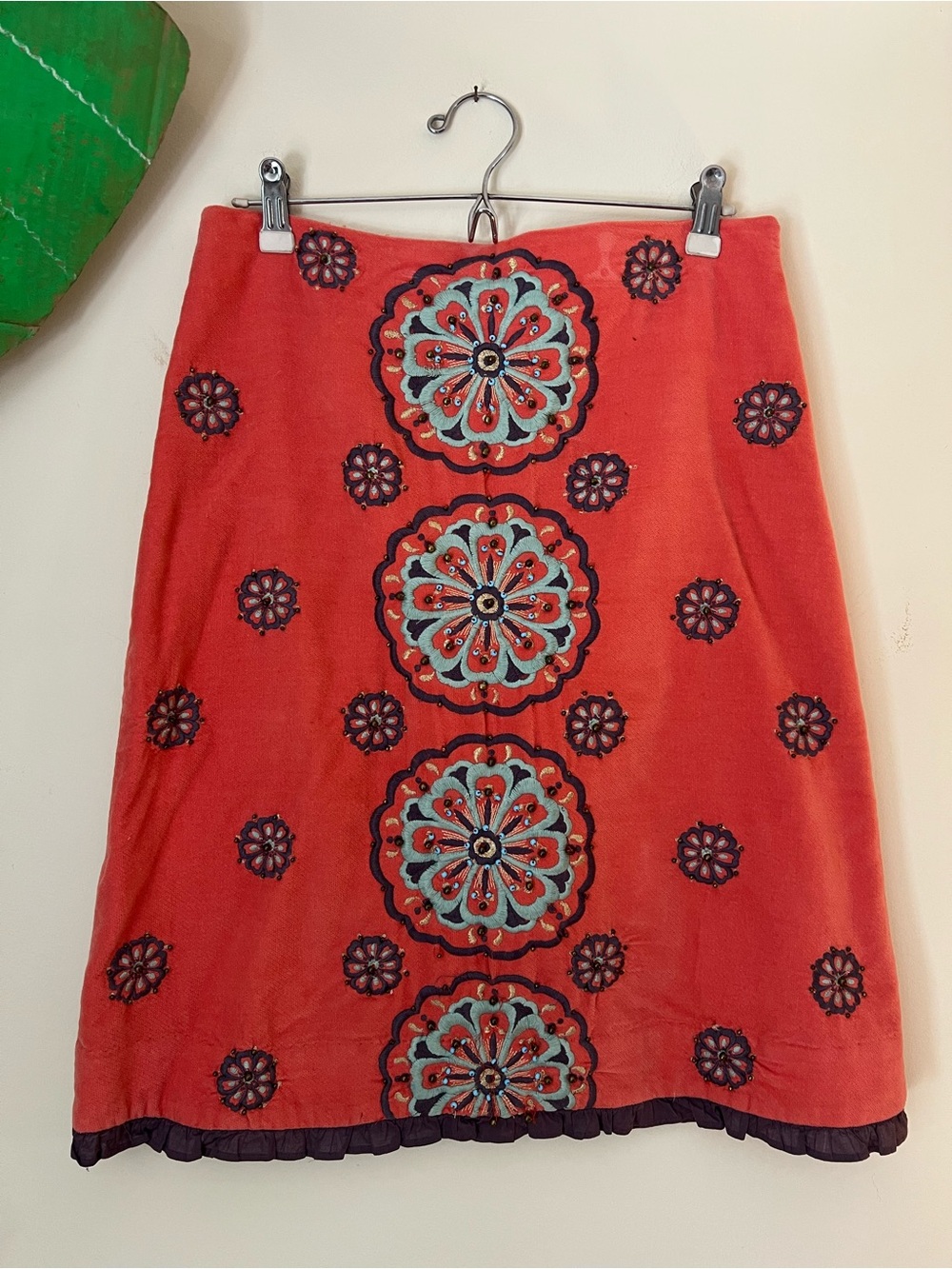Coral Embroidered A-Line Skirt with Medallion Motif